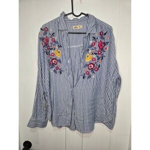 Hollister Floral Embroidered Striped Button Down Shirt Blue White Womens Medium
